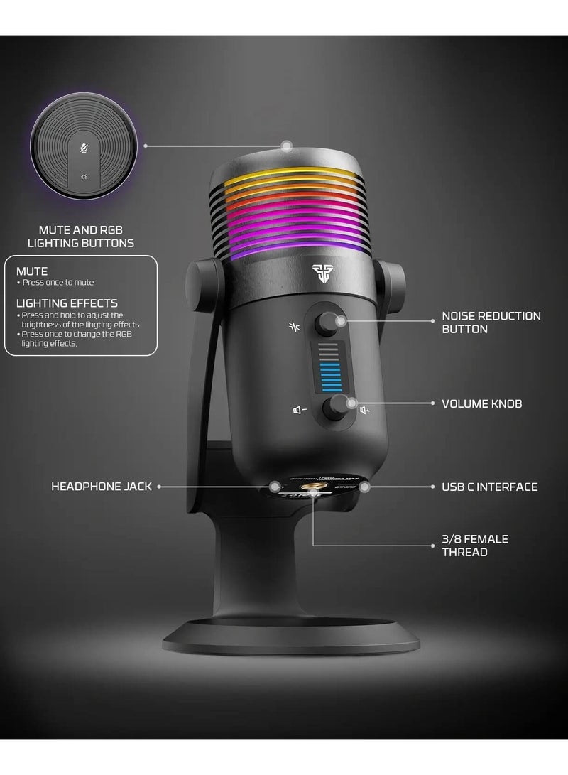 FANTECH MCX03 LEVIOSA MAX Microphone USB-C RGB Professional Gaming Stream Condenser PURE PRECISION 16mm Capsule – Cardioid Polar Pattern – Noise Reduction tech – Real Time Monitoring with Headphone jack | Black
