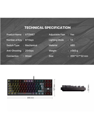 Fantech Atom TKL MK876 V2 RGB Blue Switches GRAY Wired Mechanical Keyboard - عربي/eng