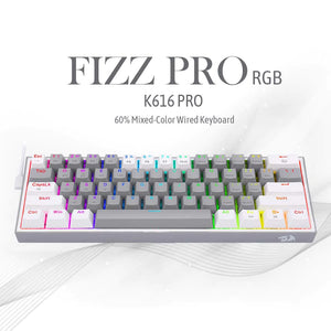 Redragon K616 Fizz Pro RGB – 60% keyboard with red mechanical switches, Bluetooth & USB-C wired connectivity WHITE/GRAY - عربي/eng