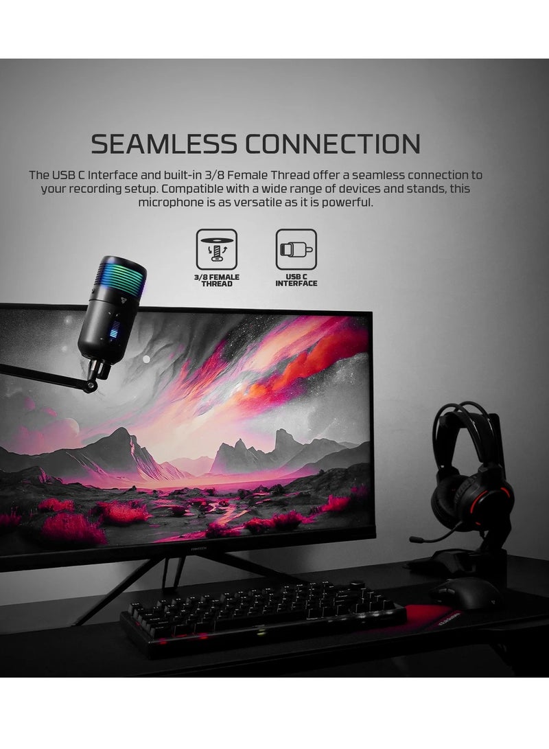 FANTECH MCX03 LEVIOSA MAX Microphone USB-C RGB Professional Gaming Stream Condenser PURE PRECISION 16mm Capsule – Cardioid Polar Pattern – Noise Reduction tech – Real Time Monitoring with Headphone jack | Black