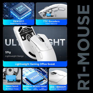 ATTACK SHARK R1 Wireless/Wired Gaming Mouse (White+Sticker)