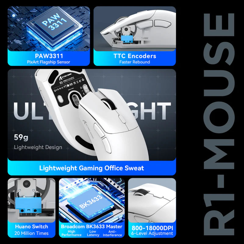 ATTACK SHARK R1 Wireless/Wired Gaming Mouse (White+Sticker)
