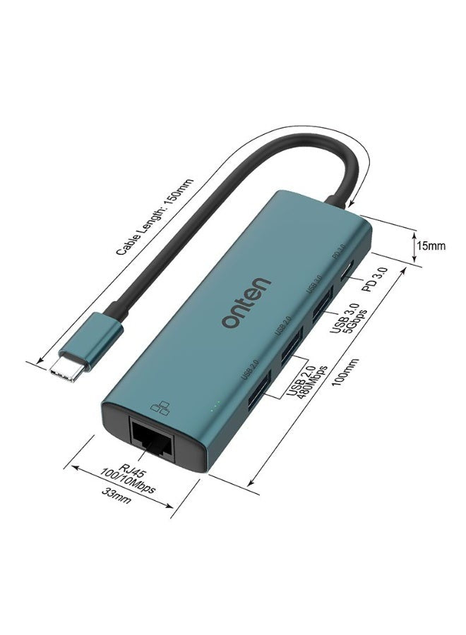 ONTEN UC121 USB C HUB 5-in-1, 1X Ethernet RJ45 100Mbps Port 2X USB 2.0, 1X USB 3.0, USB-C Port PD 3.0