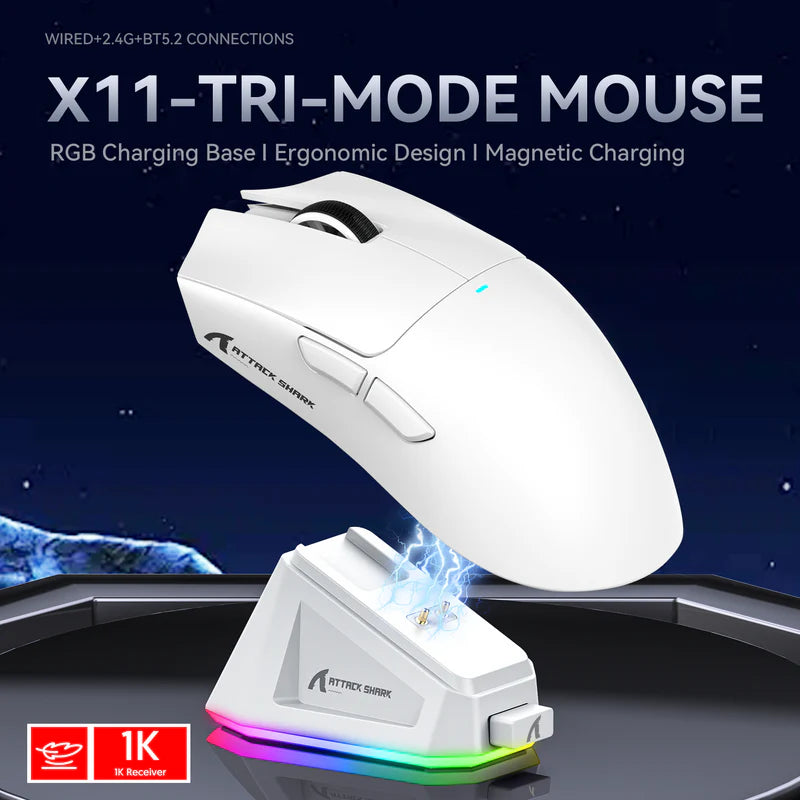 ATTACK SHARK X11 Lightweight Tri-Mode Wireless 2.4G/USB-C Wired/BT Gaming Mouse with RGB Charging Dock ,22K DPI,PAW3311 Optical Sensor (Black)