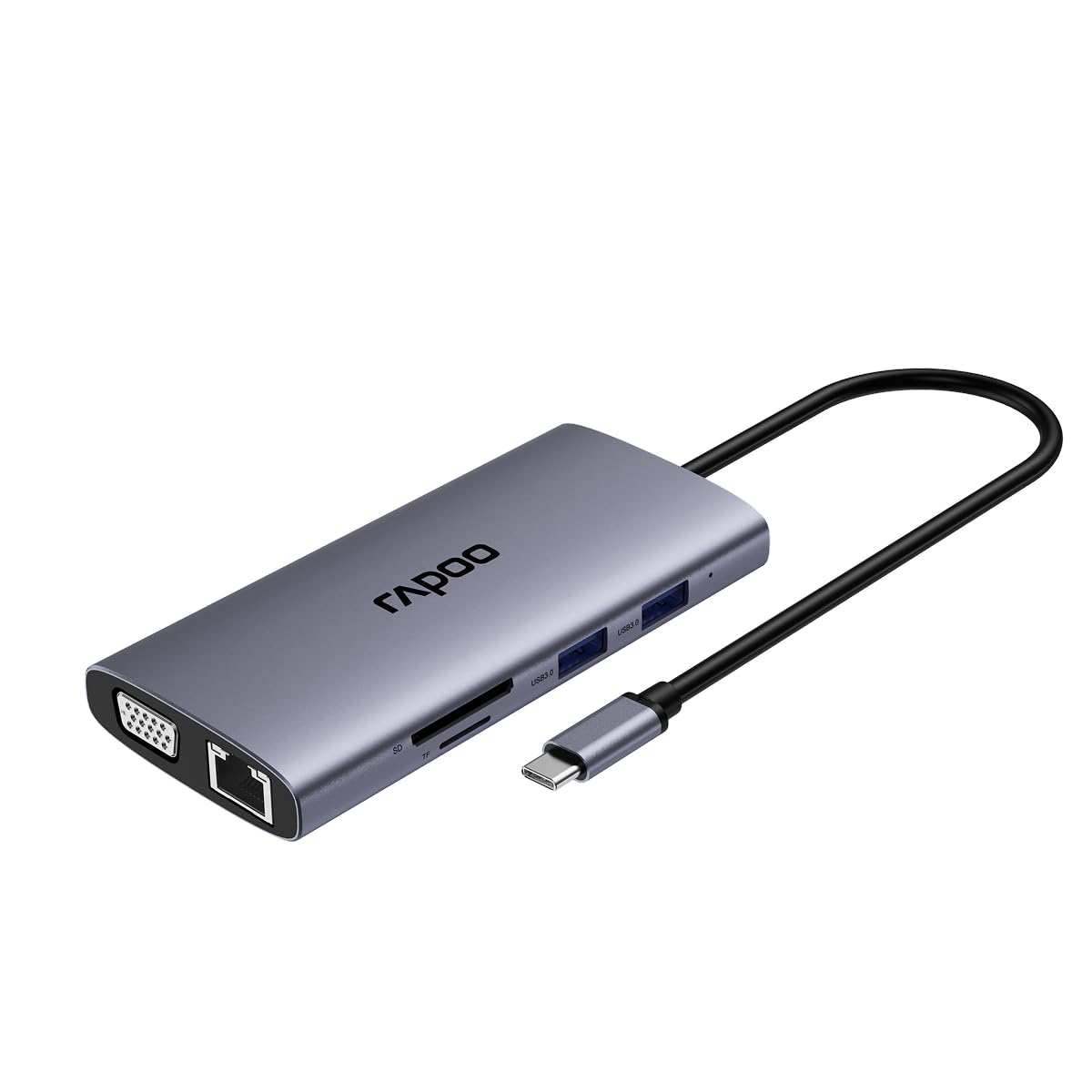 Rapoo XD101 USB C Hub 10-in-1 with 4K HDMI, 100W PD Fast Charging, 2 USB 3.0 Ports, RJ45 Ethernet, SD/TF Card Reader – Compatible with MacBook, Windows, Android – 200mm Cable, Metal Body