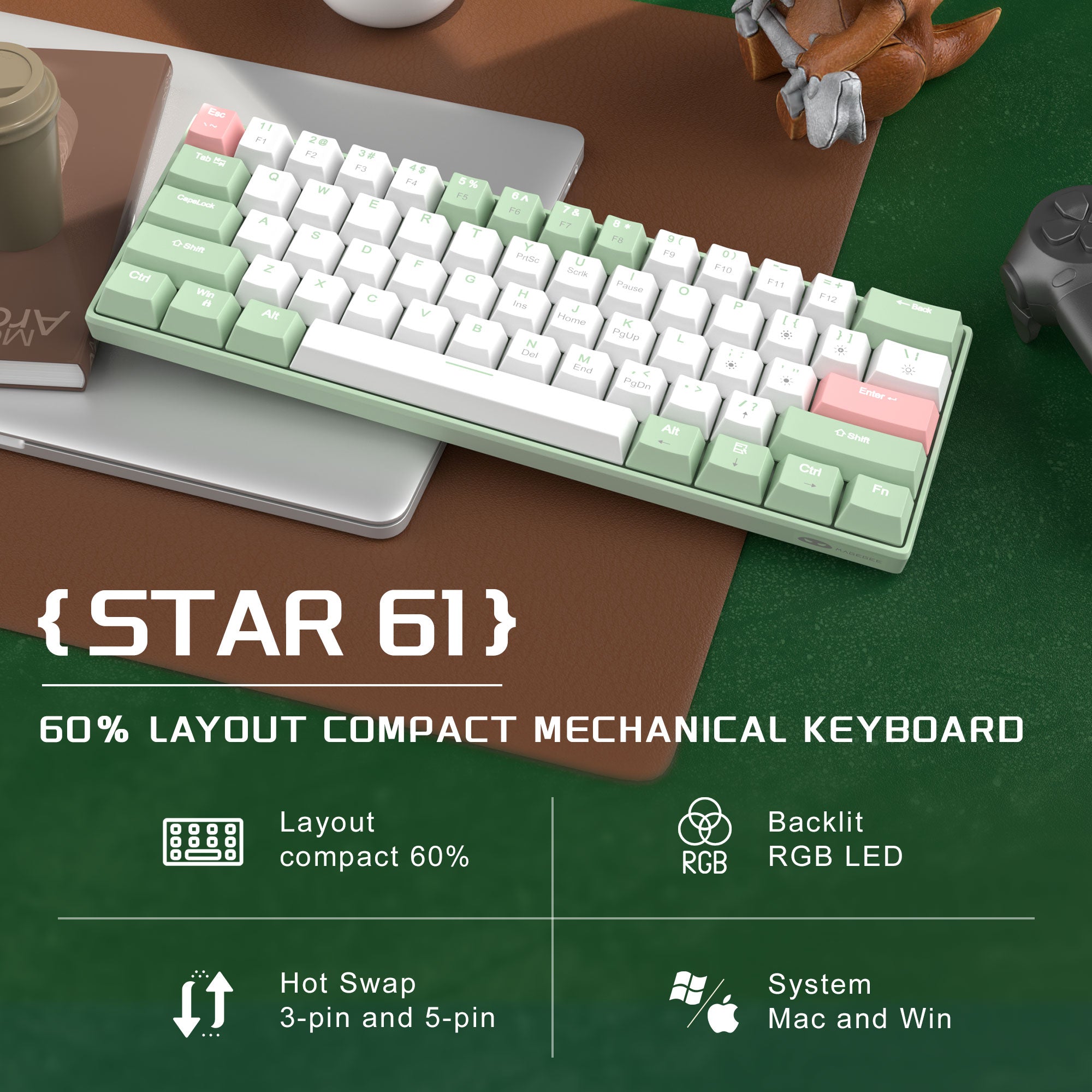 MageGee STAR61 Wired Mechanical Keyboard (Lubed Ginger cat switch Sound Foam Layer )