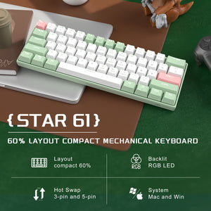 MageGee STAR61 Wired Mechanical Keyboard (Lubed Ginger cat switch Sound Foam Layer )