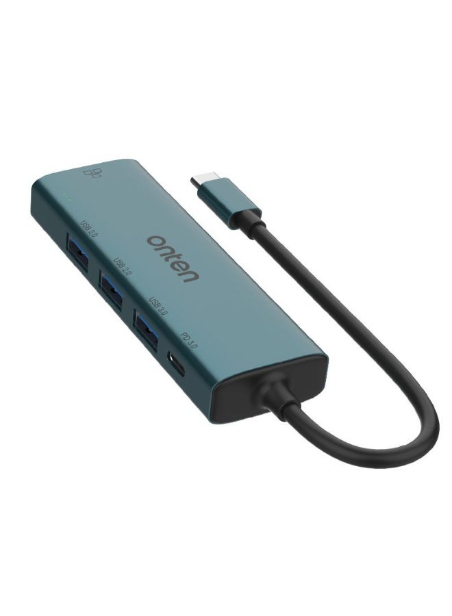 ONTEN UC121 USB C HUB 5-in-1, 1X Ethernet RJ45 100Mbps Port 2X USB 2.0, 1X USB 3.0, USB-C Port PD 3.0