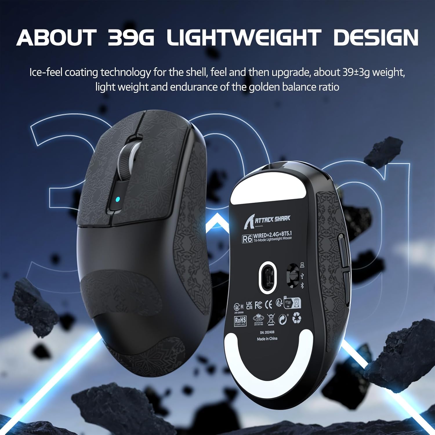 ATTACK SHARK R6 Wireless Gaming Mouse, Tri-Mode Connection, 39 Grams Superlight, PAW3950 42K DPI Sensor, 8K Polling Rate, MCU Nodic 52840, 7 Programmable Buttons, for PC/Mac/Linux/PS - White & Sticker