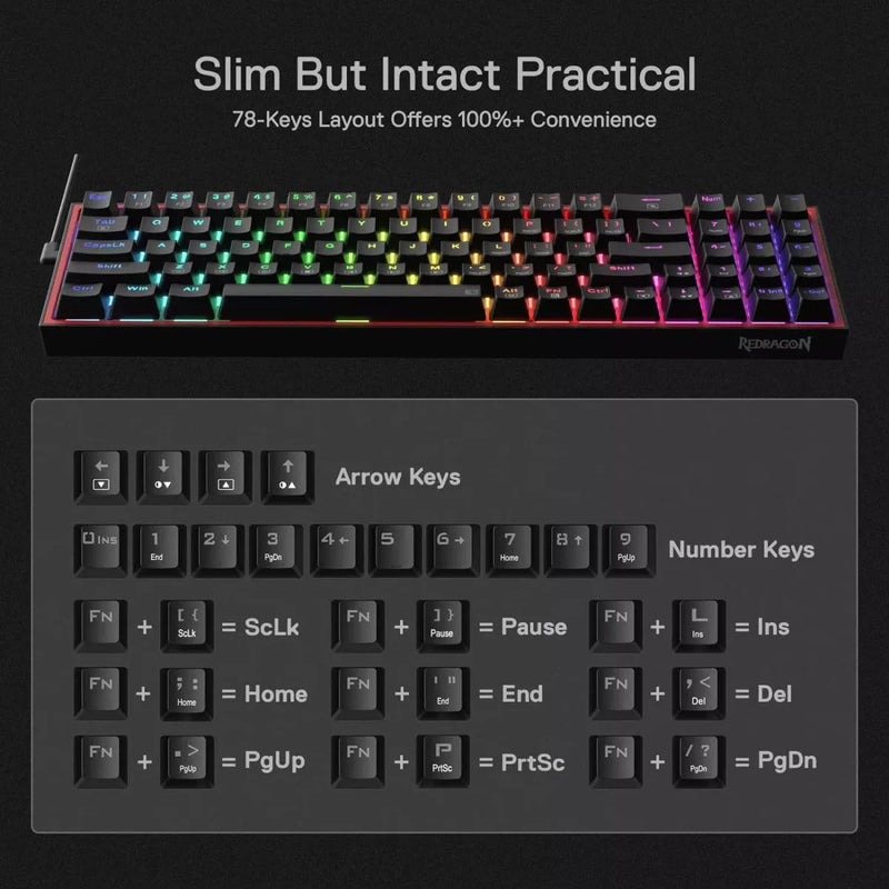 Redragon K628 Pollux 75% Wired RGB Gaming Keyboard Red Switch