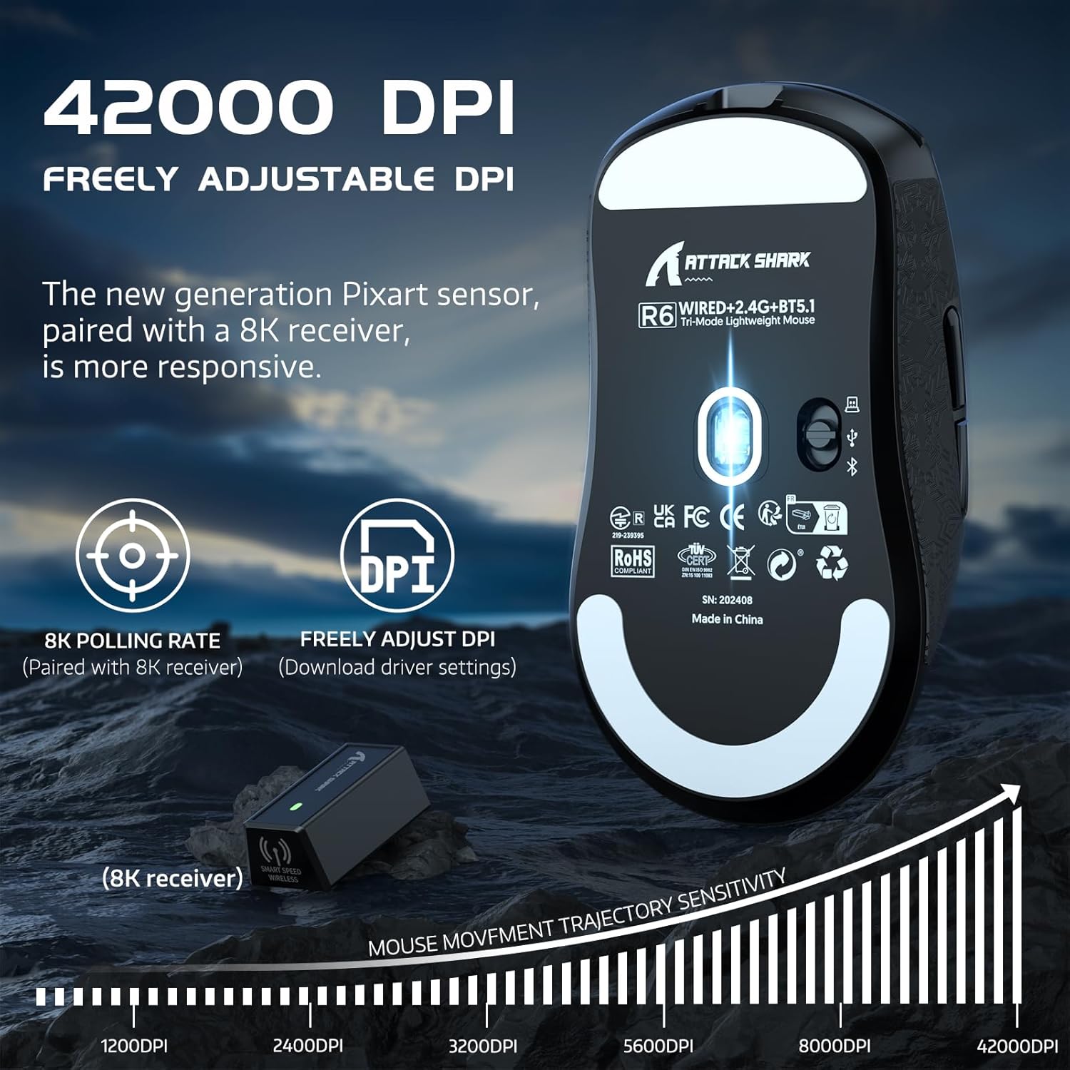 ATTACK SHARK R6 Wireless Gaming Mouse, Tri-Mode Connection, 39 Grams Superlight, PAW3950 42K DPI Sensor, 8K Polling Rate, MCU Nodic 52840, 7 Programmable Buttons, for PC/Mac/Linux/PS - White & Sticker