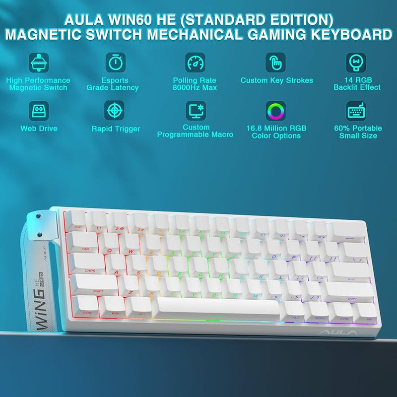 AULA WIN60HE Magnetic Switch Keyboard 8K Polling Rate WHITE SIDE PRINTED