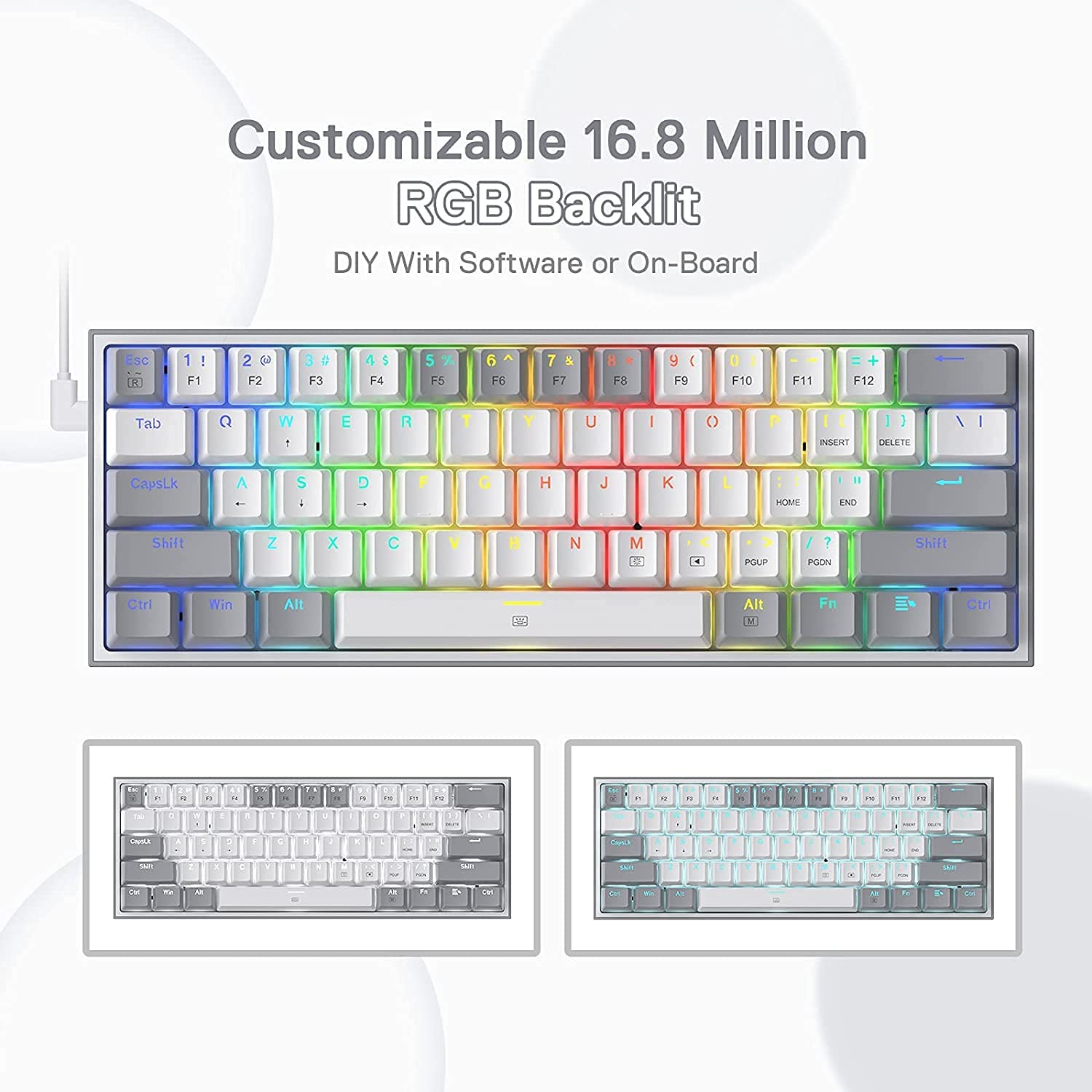 Redragon K616 Fizz Pro RGB – 60% keyboard with red mechanical switches, Bluetooth & USB-C wired connectivity WHITE/GRAY - عربي/eng