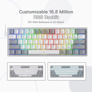 Redragon K616 Fizz Pro RGB – 60% keyboard with red mechanical switches, Bluetooth & USB-C wired connectivity WHITE/GRAY - عربي/eng
