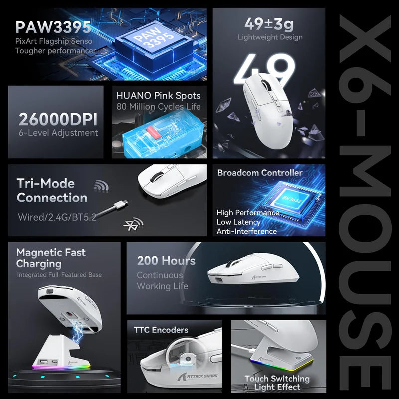 ATTACK SHARK X6 Three Modes Gaming Mouse With Charging Dock