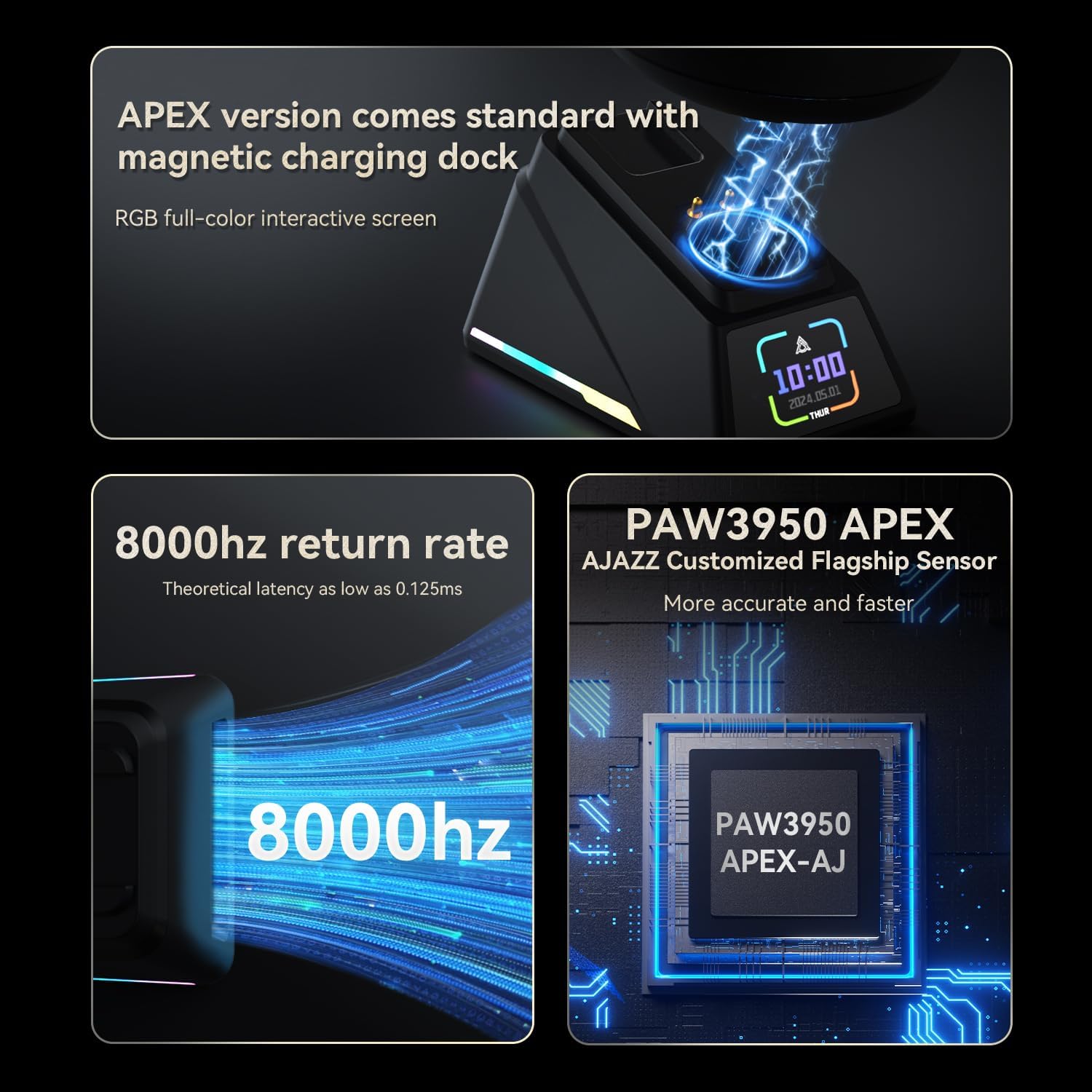 AJAZZ AJ-179 Apex 42000 DPI Magnetic Charging Station with TFT Display Mouse-PAW 3950 Sensor-8K Dongle AJ179 (Black)