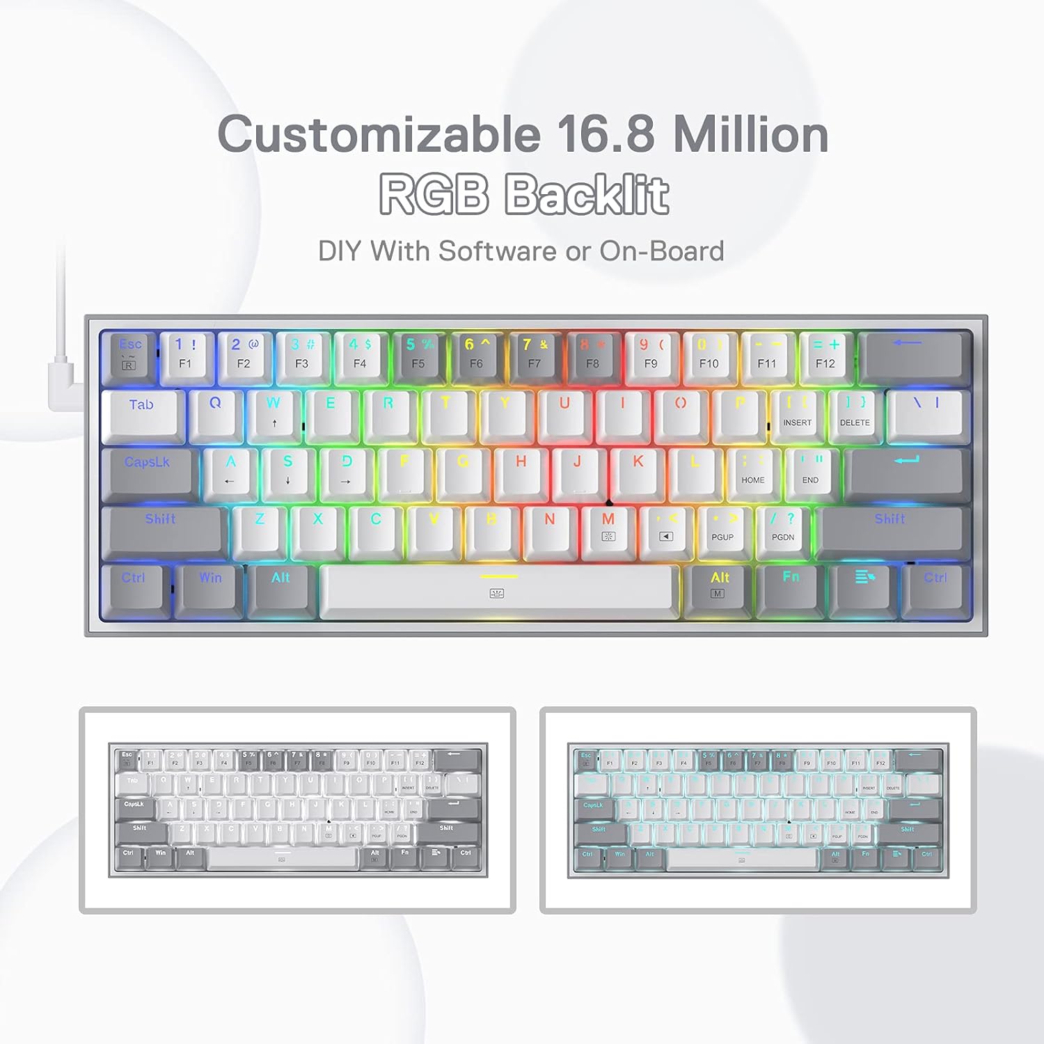 Redragon K617-RGB White/Gray Mechanical Gaming Keyboard – 60% Compact, RGB, Hot-Swappable