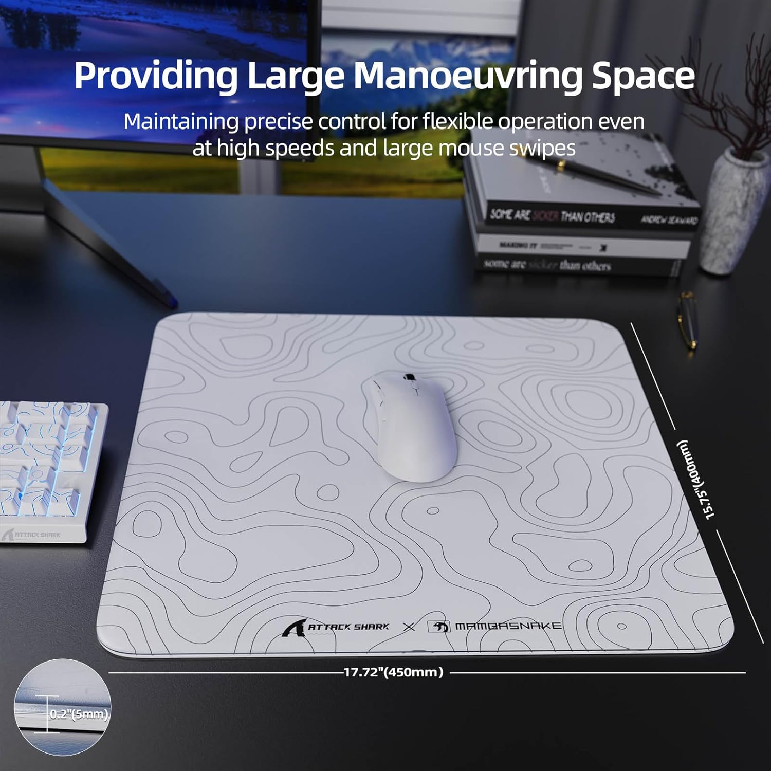 ATTACK SHARK CM05 Glass Gaming Mouse Pad,17.7x15.7 in Large Mouse Mat,Non Slip 9H Hard Mousepads,Nano-Textured Glass Surface with Improved Precision and Speed for FPS/MOBA - Black Contour