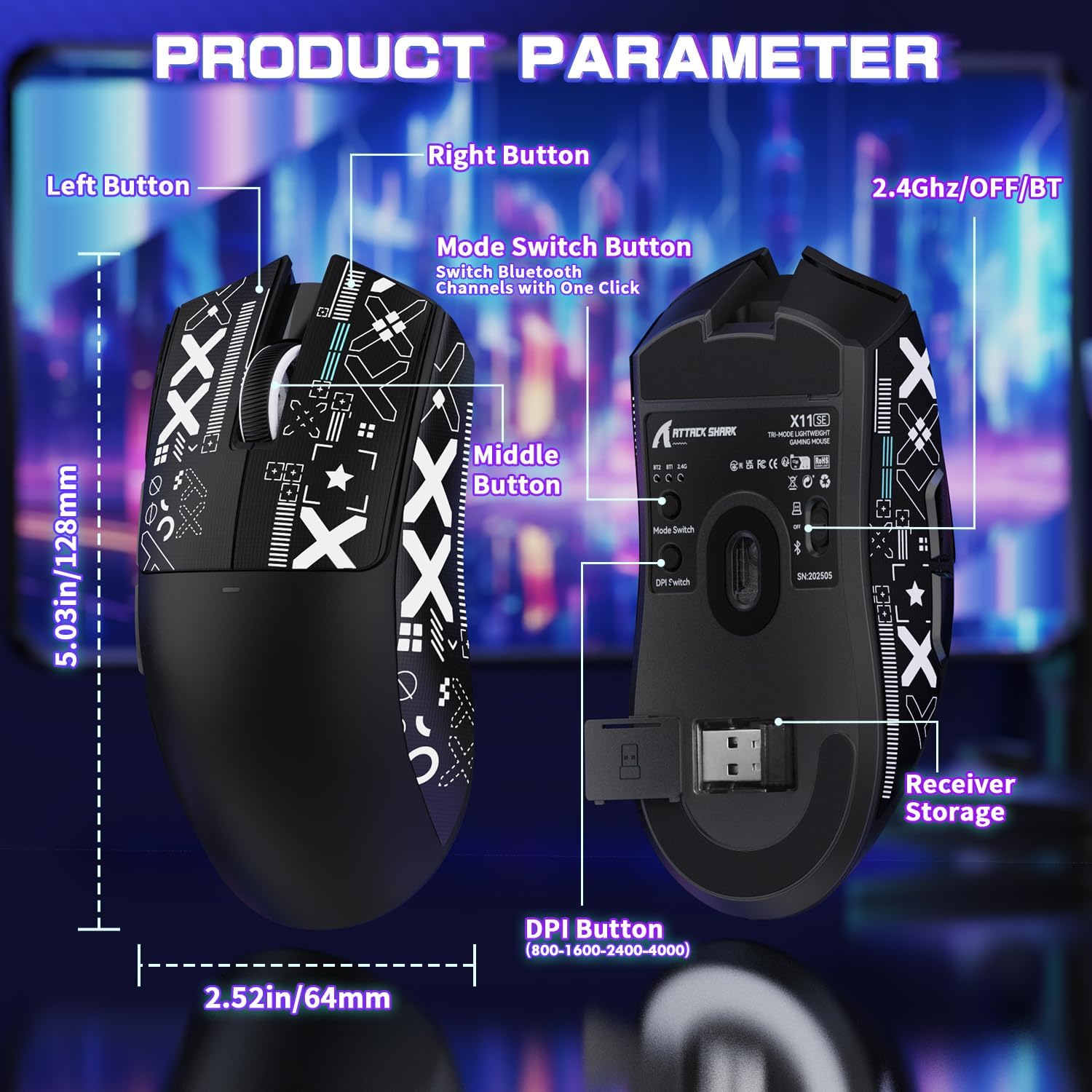 ATTACK SHARK X11SE Ultra-Light Wireless Gaming Mouse,22000 DPI,Tri-Modes BT5.2/Type-C Wired/2.4G,PixArt PAW3311 Gaming Sensor,5 Programmable Buttons for Laptop,PC,Mac Gamer(Black&Sticker)
