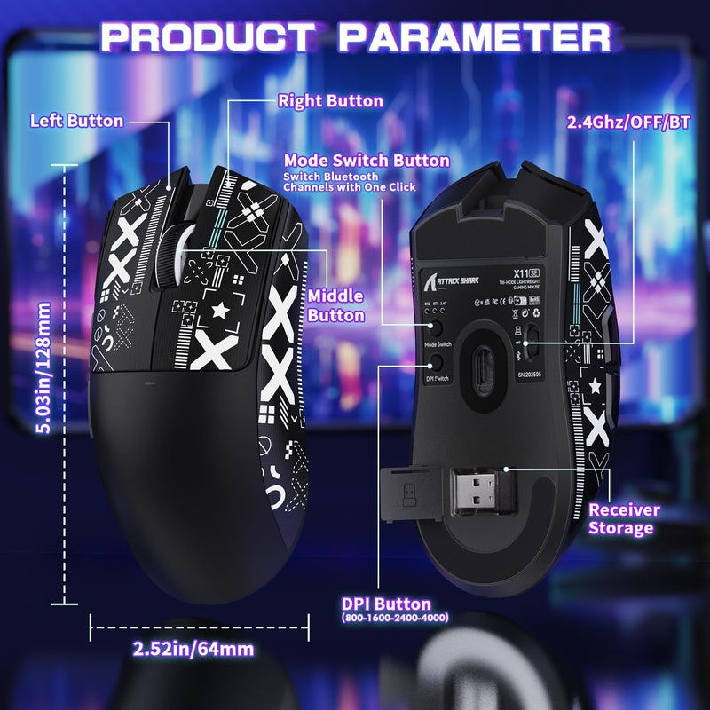ATTACK SHARK X11SE Ultra-Light Wireless Gaming Mouse,22000 DPI,Tri-Modes BT5.2/Type-C Wired/2.4G,PixArt PAW3311 Gaming Sensor,5 Programmable Buttons for Laptop,PC,Mac Gamer(Black&Sticker)