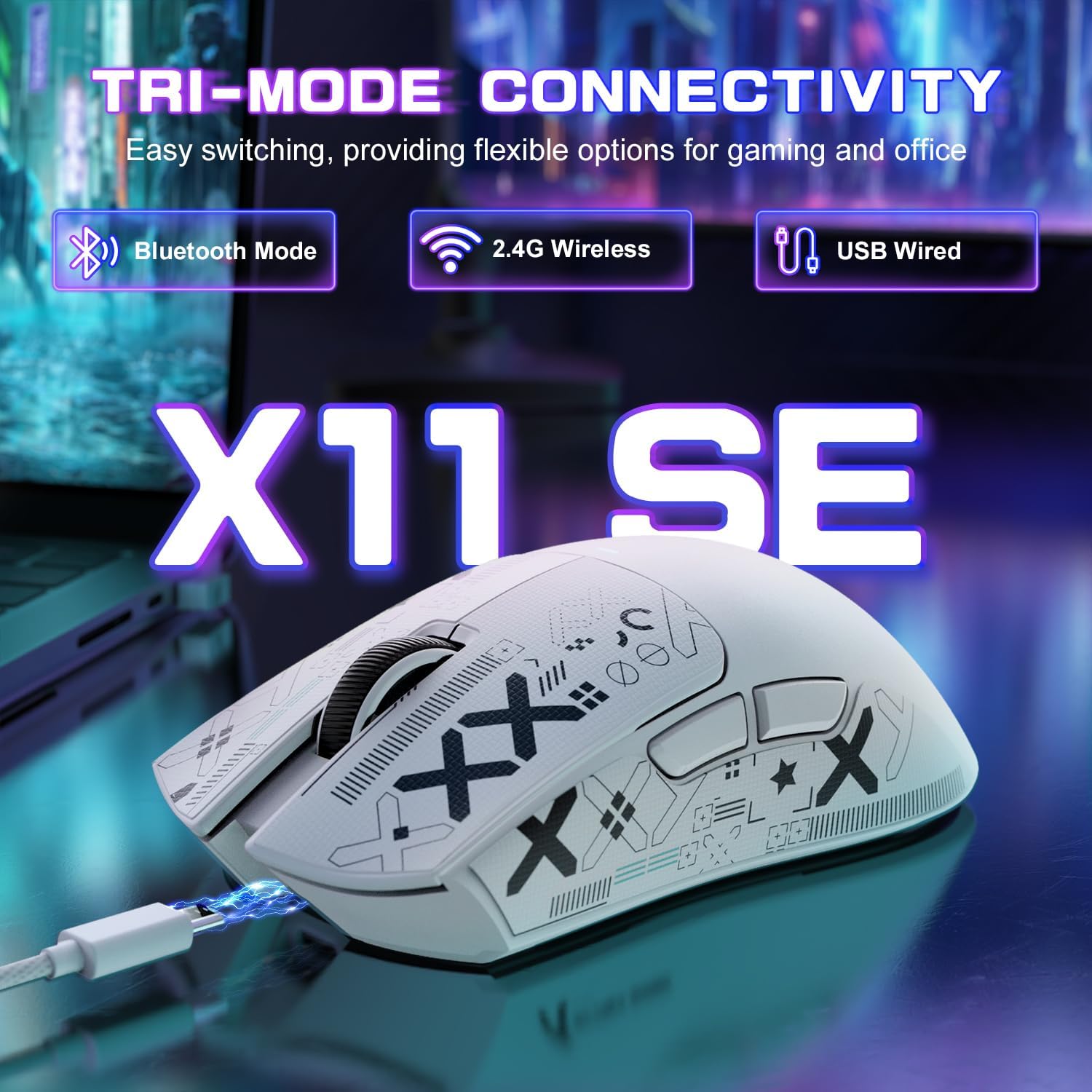 ATTACK SHARK X11SE Ultra-Light Wireless Gaming Mouse,22000 DPI,Tri-Modes BT5.2/Type-C Wired/2.4G,PixArt PAW3311 Gaming Sensor,5 Programmable Buttons for Laptop,PC,Mac Gamer(white&Sticker)