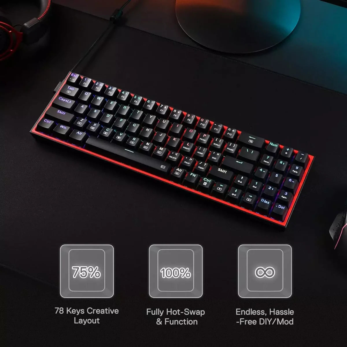 Redragon K628 Pollux 75% Wired RGB Gaming Keyboard Red Switch
