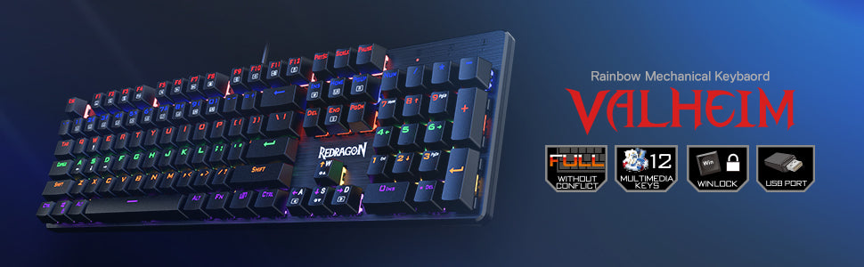Redragon K608 Valheim Rainbow Gaming Keyboard, 104 Keys NKRO Mechanical Keyboard w/Soft Tactile and Low Noise BLUE Switch - عربي/eng