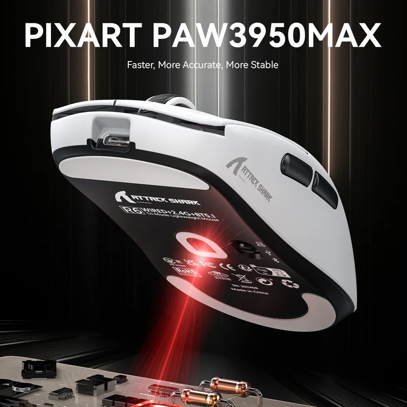 ATTACK SHARK R6 Lightweight Wireless Gaming Mouse,PAW 3950Max Sensor Computer Mouse with Nordic 52480,8KHz Polling,42K DPl,OMRON Optaicl Switch,USB-C Charging,7 Programmable Buttons(Black & Sticker)