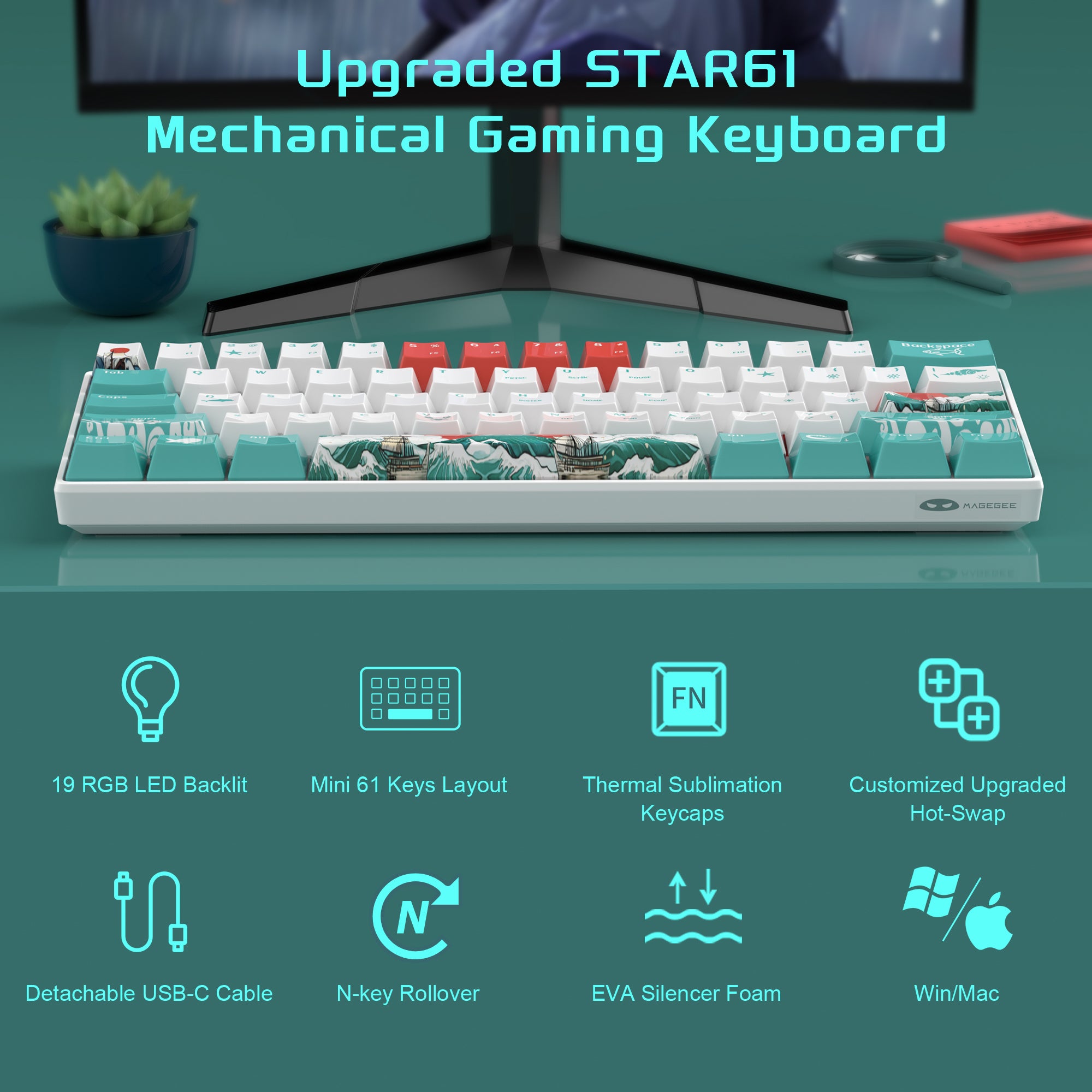 MageGee STAR61 Wired Mechanical Keyboard(Lubed Ivory white switch Sound Foam Layer)