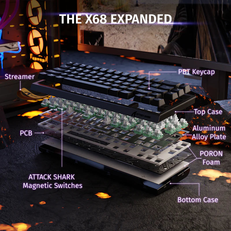 ATTACK SHARK X68 HE 8000Hz Rapid Trigger Keyboard, 0.01mm RT Accuracy Wired Gaming Keyboard with Magnetic Switch, Adjustable Actuation, Rapid Trigger, Snap Tap, RGB Lighting for PC/Mac, Black