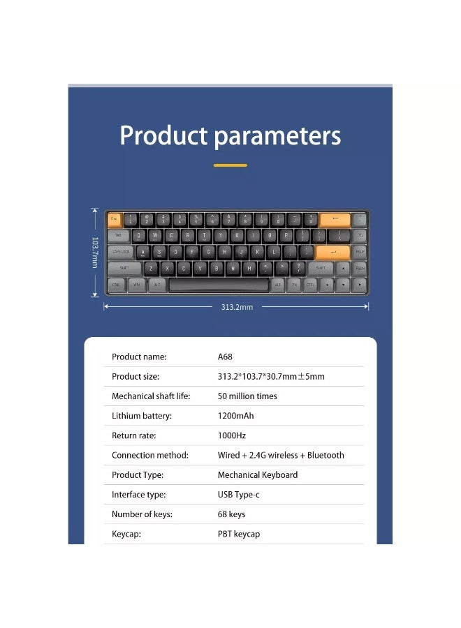 AIGO A68 3-Mode Wireless, Bluetooth, Wired Gaming Mechancial Keyboard - Yellow Switch Hot Swappable - 1000Hz Polling rate - PBT keycaps - Detchable USB C Cable