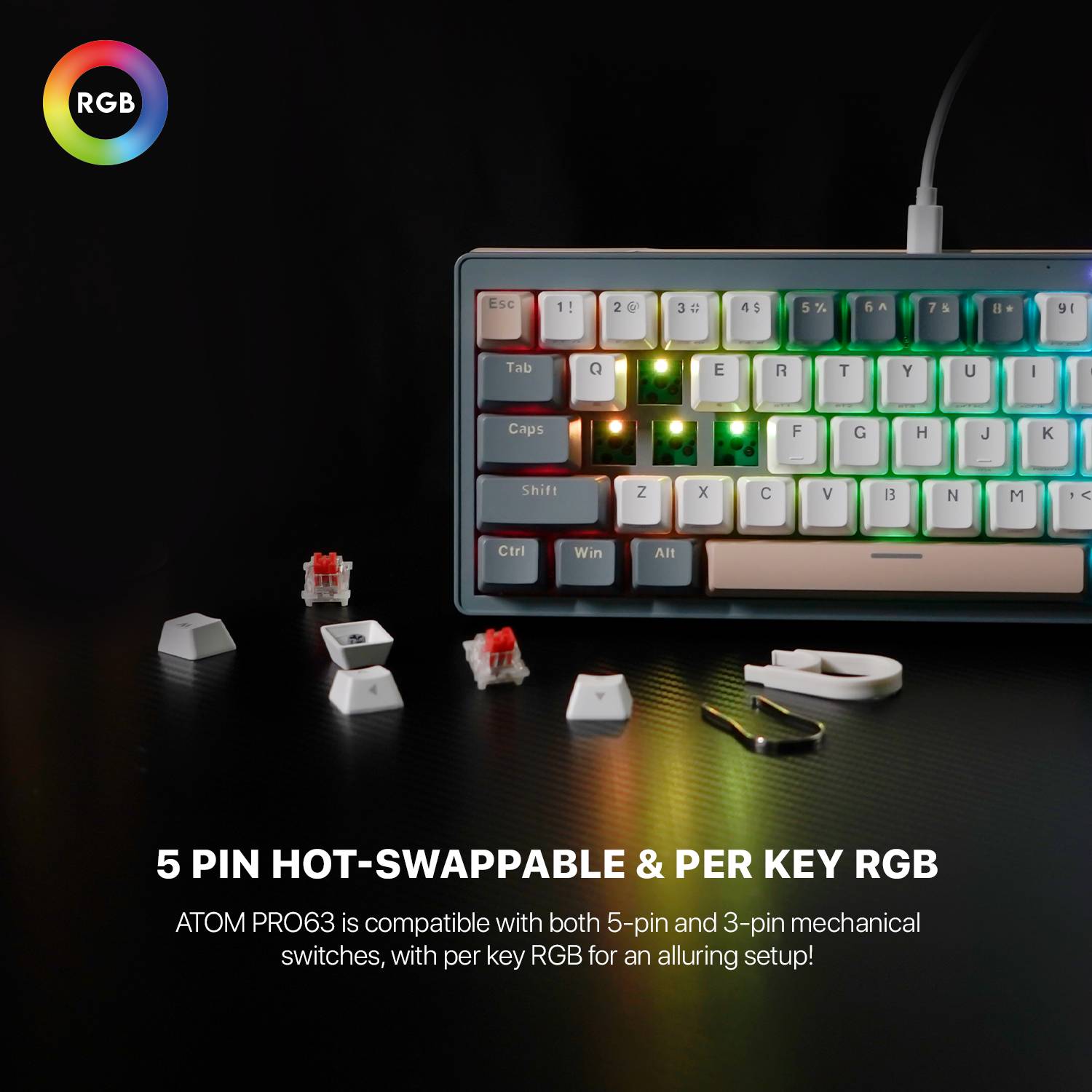 FANTECH ATOM PRO63 MK912 Tri-Mode (BT / 2.4Gha / Wired) 60% Mechanical Gaming Keyboard – Hot Swap  | MERCURY - عربي/eng