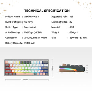 FANTECH ATOM PRO63 MK912 Tri-Mode (BT / 2.4Gha / Wired) 60% Mechanical Gaming Keyboard – Hot Swap  | MERCURY - عربي/eng