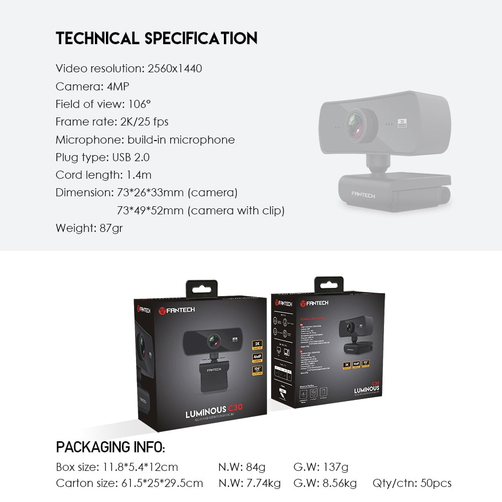 Fantech C30 LUMINOUS Quad HD 2K Webcam With Built-In Microphone
