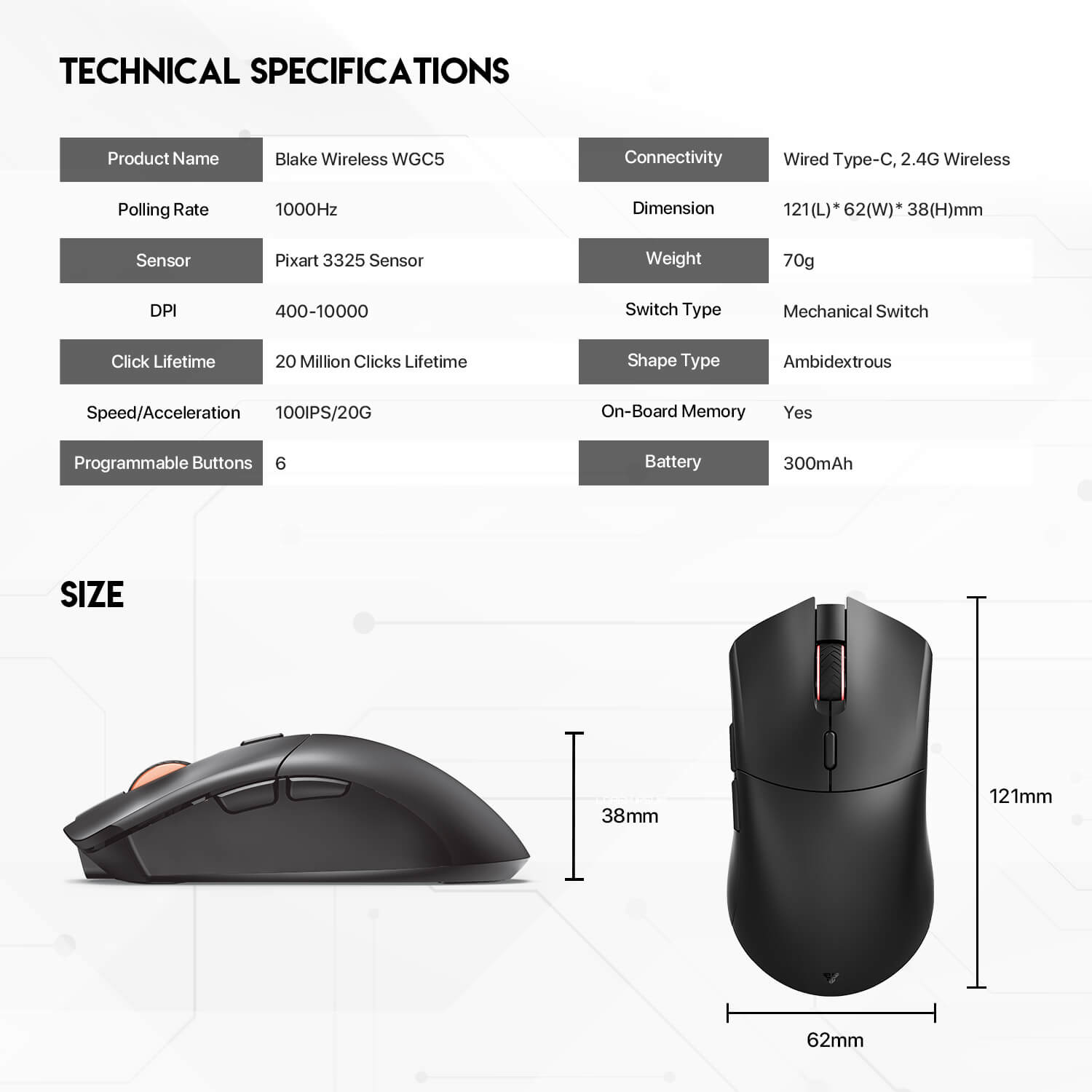 FANTECH WGC5S BLAKE S DUAL MODE WIRELESS GAMING MOUSE Polling Rate 1000Hz - Black