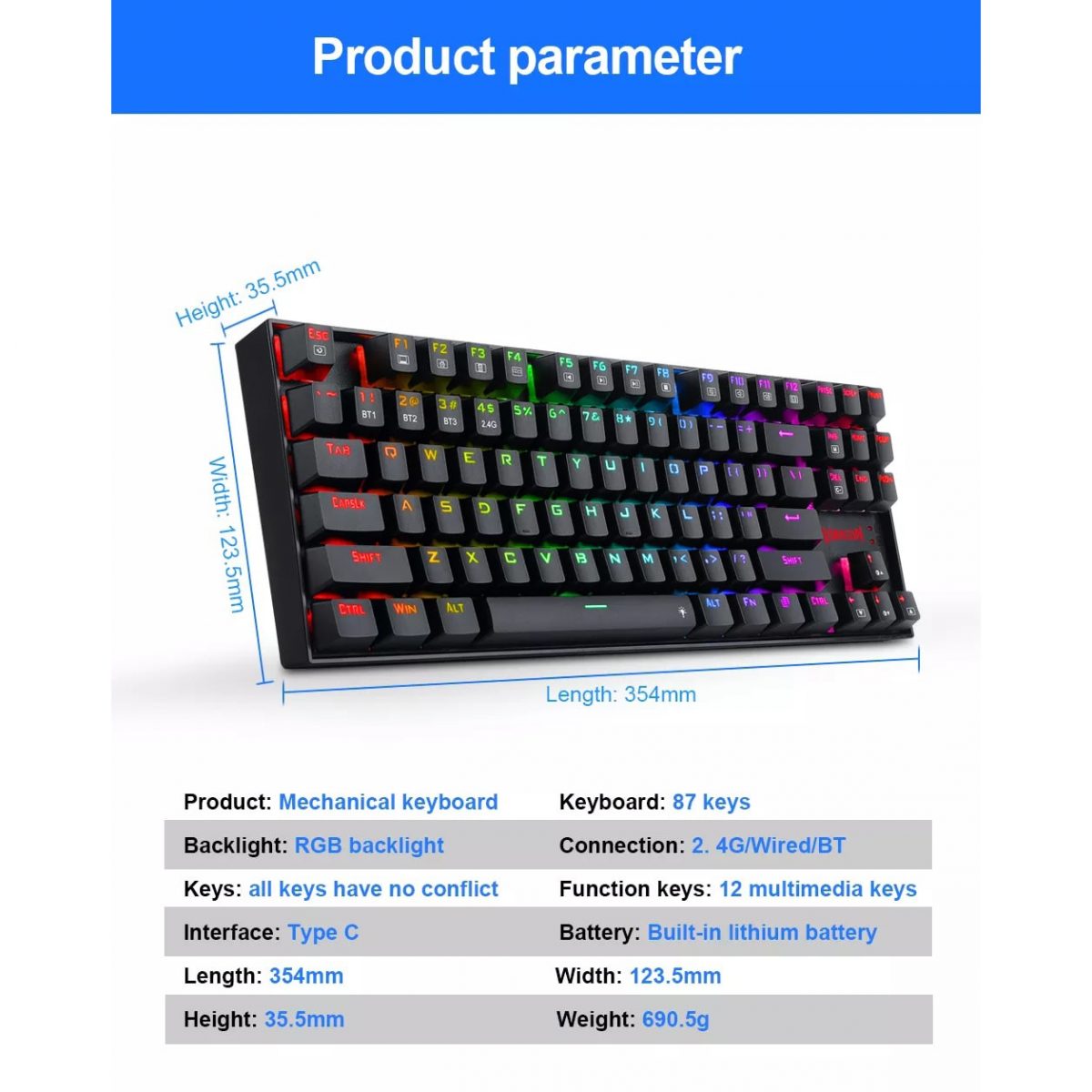 Redragon K552 TKL Wireless RGB Mechanical Keyboard 5.0 BT/2.4 Ghz/Wired Three Modes Blue Switches for PC Laptop Cell Phone - عربي/eng