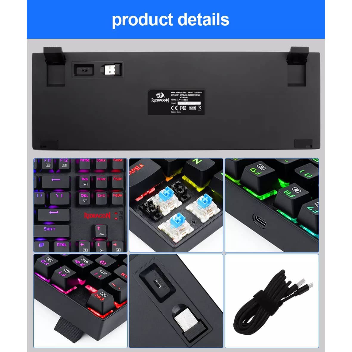 Redragon K552 TKL Wireless RGB Mechanical Keyboard 5.0 BT/2.4 Ghz/Wired Three Modes Blue Switches for PC Laptop Cell Phone - عربي/eng