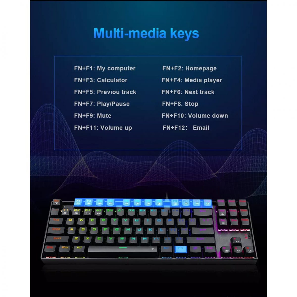 Redragon K552 TKL Wireless RGB Mechanical Keyboard 5.0 BT/2.4 Ghz/Wired Three Modes Blue Switches for PC Laptop Cell Phone - عربي/eng