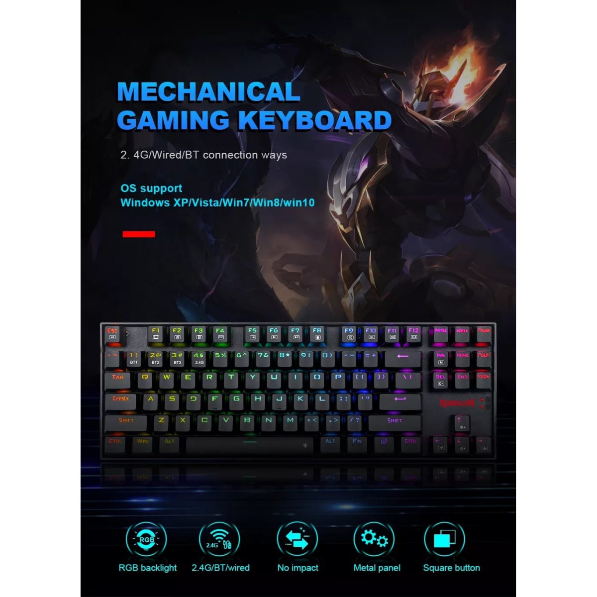 Redragon K552 TKL Wireless RGB Mechanical Keyboard 5.0 BT/2.4 Ghz/Wired Three Modes Blue Switches for PC Laptop Cell Phone - عربي/eng