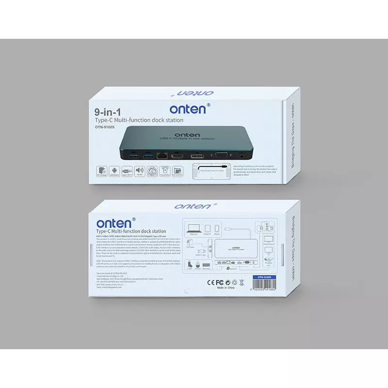 Onten Hub 9*1 Type C To 2-Ports USB3.0 HDMI Ethernet Display VGA Audio 2 Ports Type C OTN 9188S