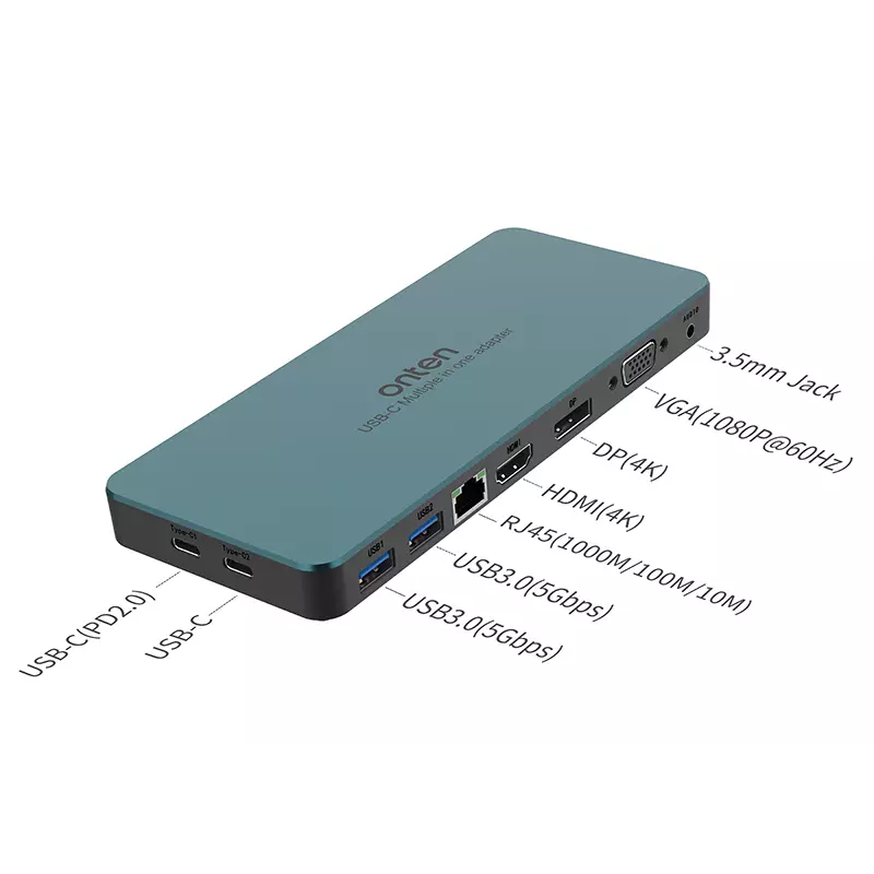Onten Hub 9*1 Type C To 2-Ports USB3.0 HDMI Ethernet Display VGA Audio 2 Ports Type C OTN 9188S