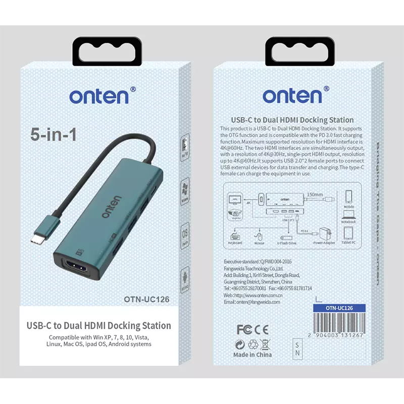 ONTEN UC126 USB C HUB 5-in-1, 2X USB 2.0, 2X HDMI 4K, USB-C Port PD 3.0