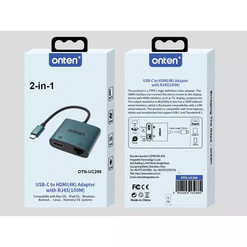 ONTEN UC288 USB-C to HDMI HD Video Adapter with RJ45(100M)