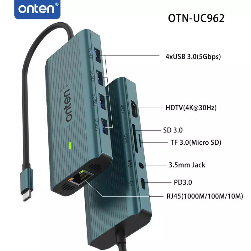 ONTEN UC962 USB C Docking Station HDMI 4K@30Hz, Ethernet RJ45 (1000/100/10), USB 3.0 X4, 3.5mm Audio Jack, SD 3.0/TF3.0, USB-C PD 3.0