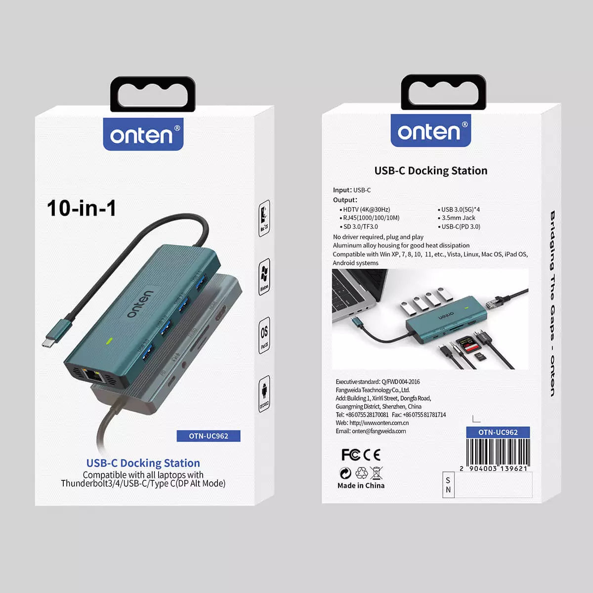 ONTEN UC962 USB C Docking Station HDMI 4K@30Hz, Ethernet RJ45 (1000/100/10), USB 3.0 X4, 3.5mm Audio Jack, SD 3.0/TF3.0, USB-C PD 3.0