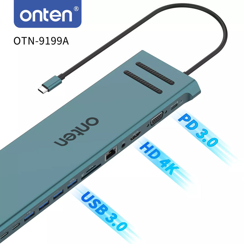 ONTEN 9199A USB C Docking Station 13 in 1 HDMI VGA PD(3.0), 4*USB, 2*USB C, 10/100M Gigabit