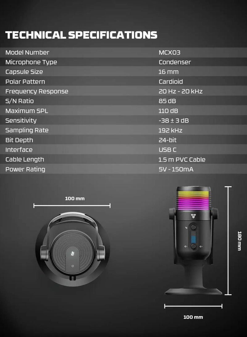 FANTECH MCX03 LEVIOSA MAX Microphone USB-C RGB Professional Gaming Stream Condenser PURE PRECISION 16mm Capsule – Cardioid Polar Pattern – Noise Reduction tech – Real Time Monitoring with Headphone jack | Black