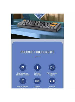 AIGO A68 3-Mode Wireless, Bluetooth, Wired Gaming Mechancial Keyboard - Yellow Switch Hot Swappable - 1000Hz Polling rate - PBT keycaps - Detchable USB C Cable
