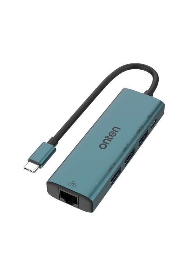 ONTEN UC121 USB C HUB 5-in-1, 1X Ethernet RJ45 100Mbps Port 2X USB 2.0, 1X USB 3.0, USB-C Port PD 3.0