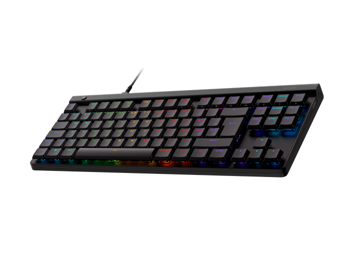 Logitech G515 TKL wired gaming keyboard with GL mechanical switches, customizable RGB lighting, sound-dampening construction, and up to 15 programmable keys via G HUB